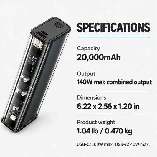 20000mAh Transparent Power Bank, 140W Combined Output, USB-C and USB-A, Black