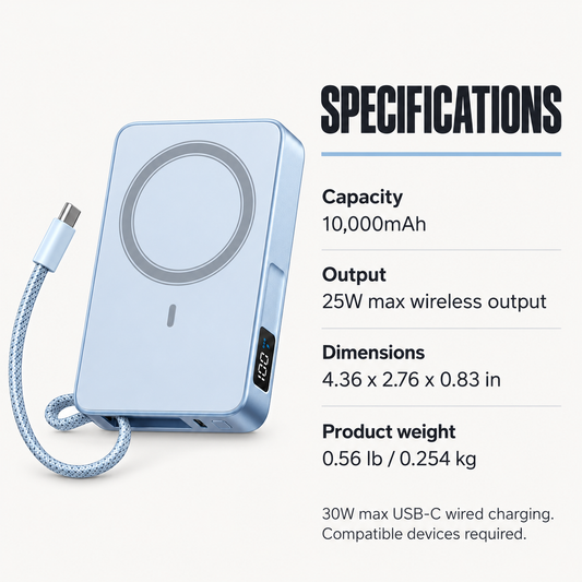 10000mAh Magnetic Power Bank, 25W Wireless and 30W USB-C Charging, Blue
